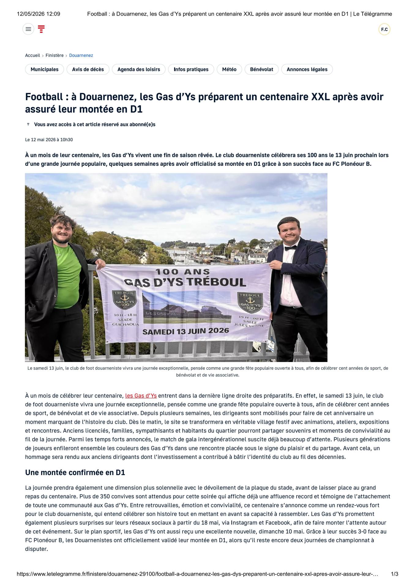2026 05 12 football a douarnenez les gas d ys preparent un centenaire xxl apres avoir assure leur montee en d1 le telegramme